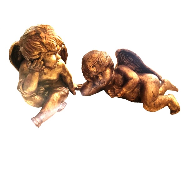 ANTIQUE GOLD LEAF CERAMIC CHERUBS SET OF 2 - Picture 1 of 6